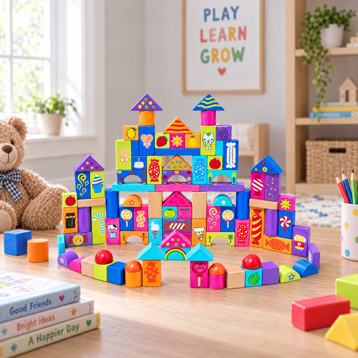 Colorful Wooden Building Blocks — 90 Pieces