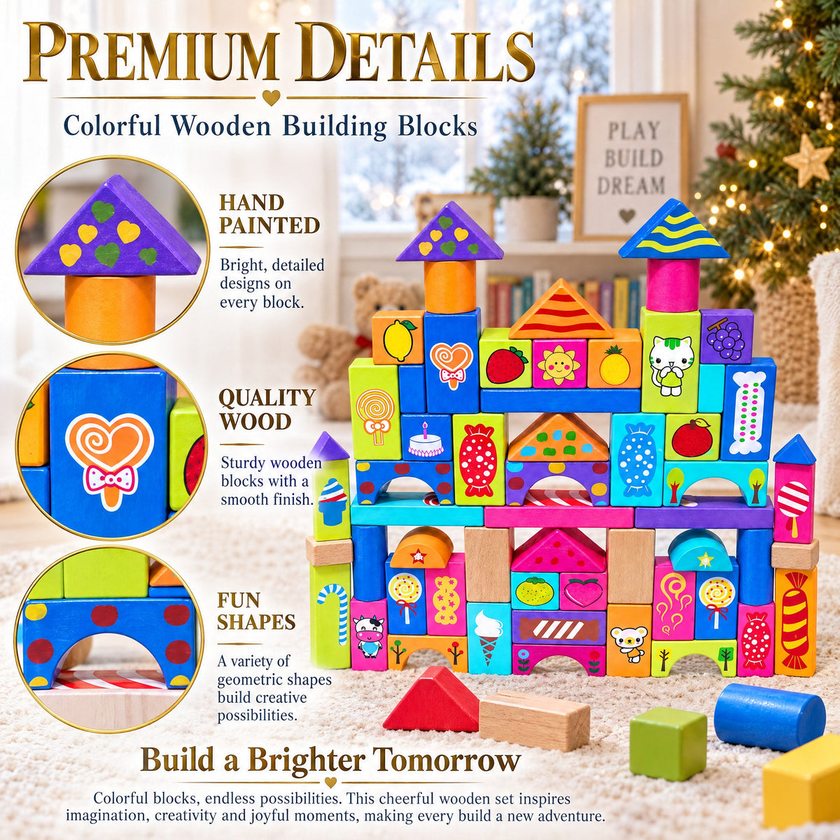 Colorful Wooden Building Blocks — 90 Pieces